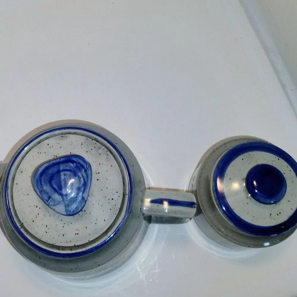 Vtg Home Sweet Home Teapot Sugar Bowl Set Stoneware Blue White Made in Japan